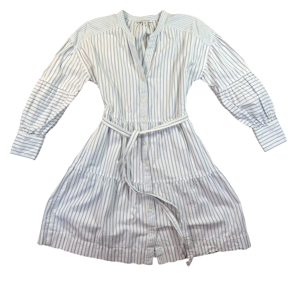 Free Assembly Tiered Mini Shirtdress Womens XS Blue White Striped Cotton Casual